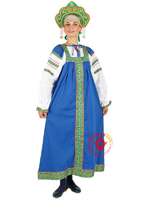Русский народный костюм "Забава" женский льняной синий сарафан и блузка