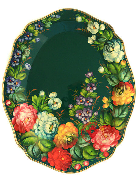 Поднос с художественной росписью "Летние цветы на зеленом фоне", малый овальный глубокий, арт. 8161