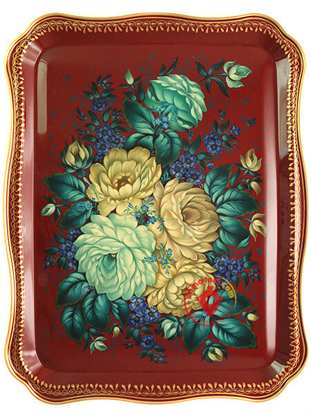 Поднос с художественной росписью "Цветы на бордовом", прямоугольный, арт. 8154