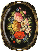 Поднос с художественной росписью "Цветы на черном фоне", овал с фигурным краем, арт. 2039