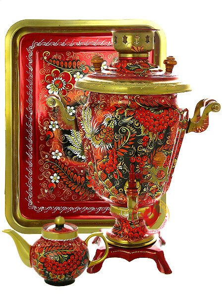 Набор самовар электрический 3 литра с художественной росписью "Хохлома на красном фоне мелкая", арт. 121032