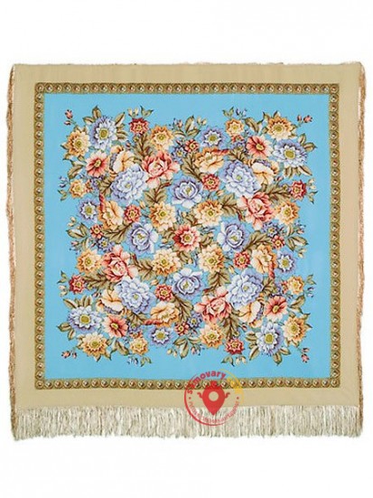 Павлопосадский шелковый платок (крепдешин, бахрома) «Берег грёз», 130×130 см, арт. 1389-1