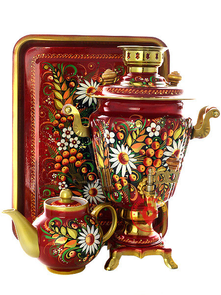 Набор самовар электрический 3 литра с художественной росписью "Хохлома на красном фоне", арт. 155641