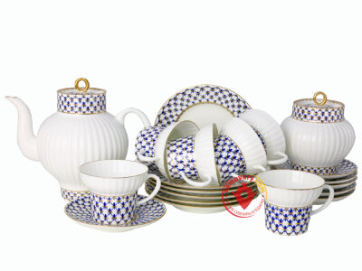 Фарфоровый чайный сервиз 6 персон форма Волна рисунок Кобальтовая сетка 6/20 Императорский фарфоровый завод