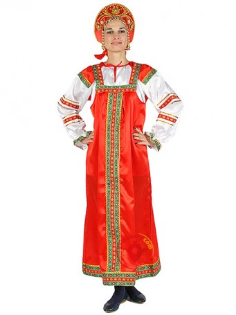 Русский народный костюм &quot;Василиса&quot; женский атласный красный сарафан и блузка XL-XXXL