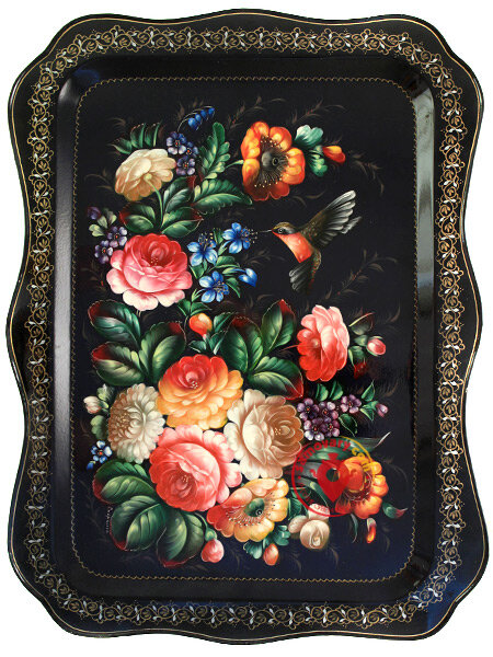 Прямоугольный поднос с художественной росписью "Цветы" 