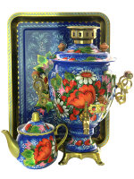 Набор самовар электрический 3 литра с художественной росписью "Маки, ромашки на голубом", арт. 110604
