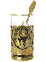 Подстаканник чайный "Хоровод" с ложкой, хрустальным стаканом в подарочном футляре Златоуст