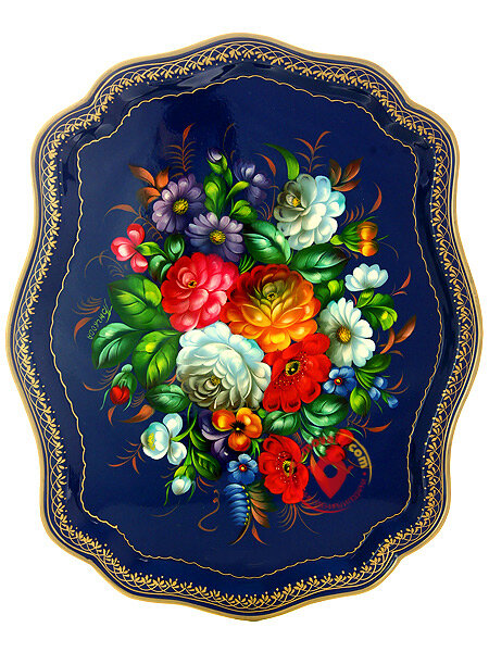 Поднос с художественной росписью "Букет на синем фоне", фигурный, арт. 9033