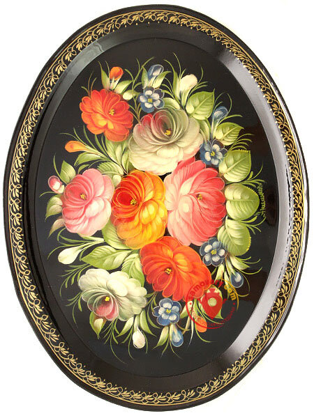 Поднос с художественной росписью "Цветы на черном фоне", овальный, арт. 2414